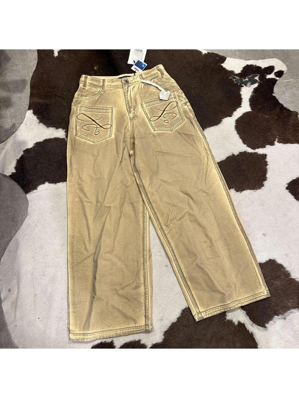 Superscape Gold Faux Backwards Wide Leg Low Rise Jeans with Embroidered Pockets